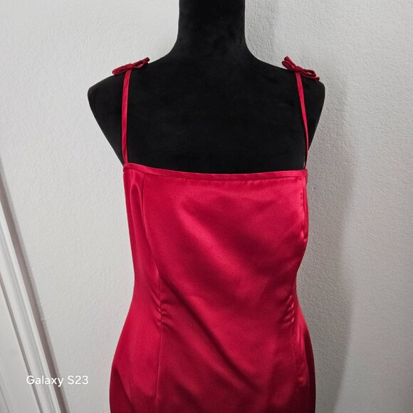 Satin Red Skinny Bow Strap Dress - Picture 3 of 6